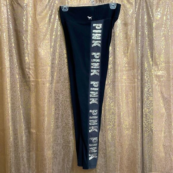 PINK Victoria’s Secret black/gray silver sequin bling leggings, size S - Picture 1 of 7
